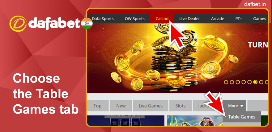 Select the Table Games tab in the Casino section on Dafabet