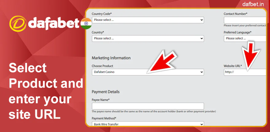 Select a product from Dafabet and enter your website URL