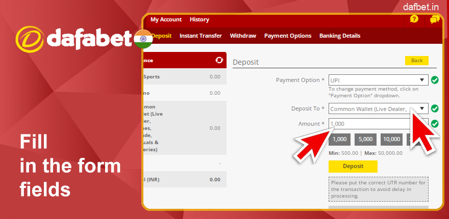Fill out the fields of the form for a deposit on Dafabet
