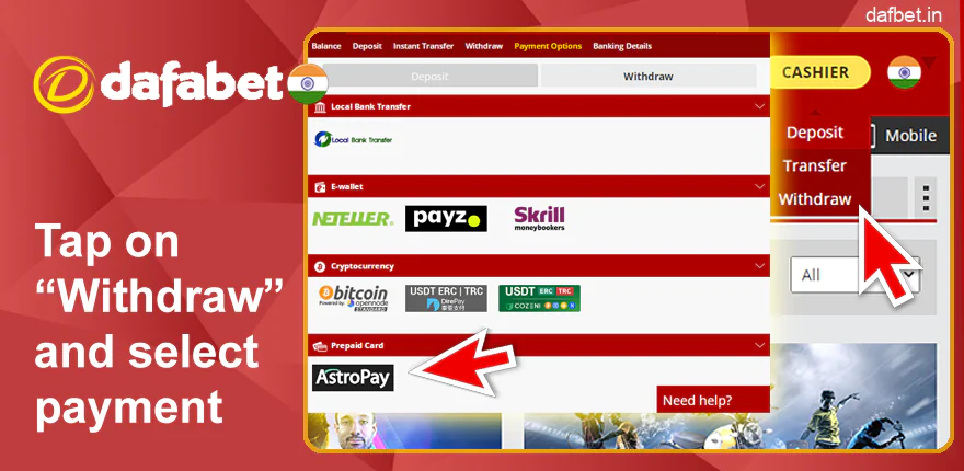 Click on “Withdraw” and explore the payment methods on Dafabet