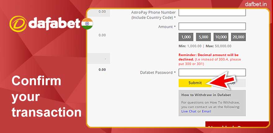 Confirm the withdrawal operation on Dafabet