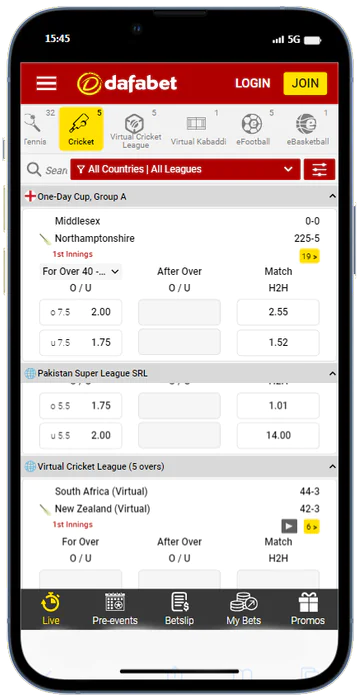 Screenshot of the Dafabet app betting section